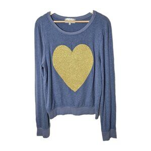 Wildfox Sweater Womens Medium Blue Gold Glitter Heart Lightweight Casual Jumper